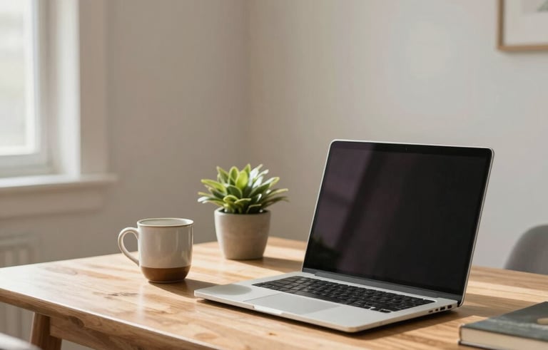 Interior photography of a bright home office in a North American suburb. A clean wooden desk holds a silver laptop, a ceramic mug, and a small potted plant. The walls are a soft off-white. Lighting is natural, warm, and inviting.
