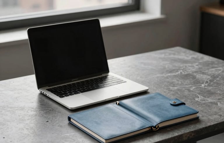 A minimalist, high-end workspace in a North American city loft. A sleek slate grey desk holds a silver laptop and a muted blue leather planner. Soft afternoon light filters through a large window. The mood is calm and organized.