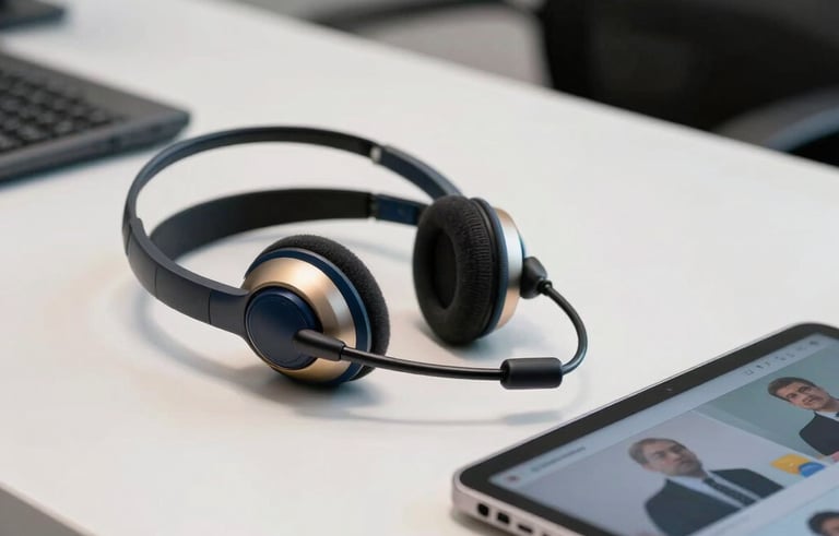 A close-up photograph of high-quality professional tele-attendance equipment on a clean white desk in a South American corporate setting. The focus is on a sleek headset and a modern tablet showing a communication interface, with subtle gold and navy accents.