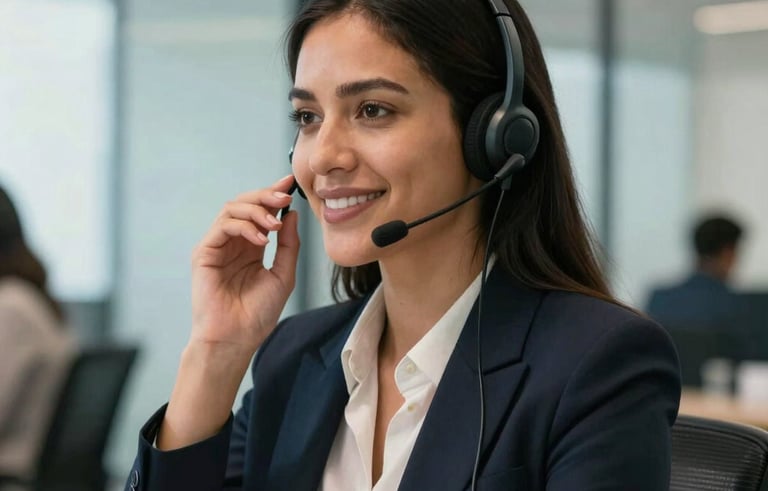 A South American professional woman in a contemporary office environment, speaking through a headset with a warm and confident expression. The background shows a blurry but elegant workspace with light blue glass partitions and professional lighting.