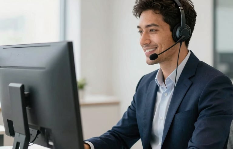 A high-end, modern tele-attendance office in South America. A professional person wearing a sophisticated headset smiles while looking at a monitor. The lighting is bright and natural, reflecting a professional atmosphere with a color palette of navy blue and off-white.