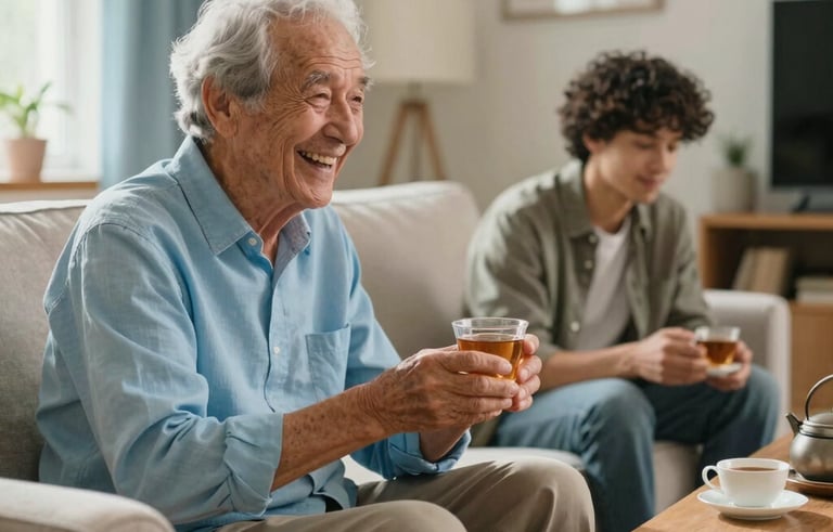 Photography of a cozy, sunlit North American / culturally diverse living space with soft textures and light blue accents. A senior is laughing while sharing tea with a younger person in the background, conveying a sense of community and warmth.