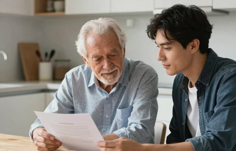 A bright photography shot of a senior and a young adult sitting at a light wood table in a modern North American / culturally diverse kitchen, reviewing a paper document together. Soft morning light, emphasizing a sense of security and mutual respect.