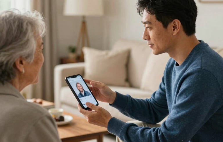 Photography of a warm North American / culturally diverse living room where a professional consultant in a soft navy blue sweater is showing a digital profile to a senior homeowner. The lighting is bright and natural, creating a trustworthy and calm atmosphere.