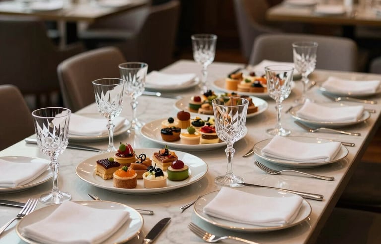 A beautifully arranged table for a corporate event in a Brazilian restaurant, featuring silver cutlery, crystal glasses, and platters of premium appetizers, sophisticated South American interior design.