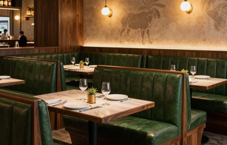 Interior of an elegant Brazilian steakhouse with Matte Forest Green leather booths, dark wood furniture, and warm ambient lighting, South American modern architecture style, sophisticated and inviting atmosphere.