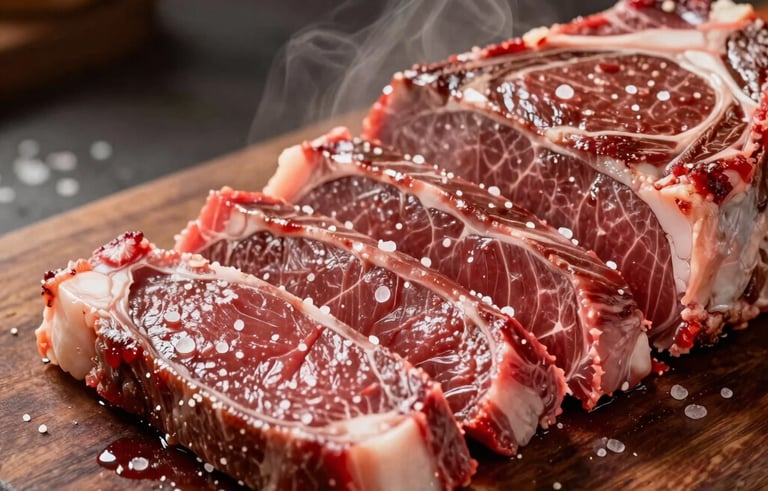 Close-up of a juicy Picanha steak being sliced on a dark wood board, coarse salt crystals visible, steam rising, warm sophisticated lighting, Deep Carmine Red and Parchment tones, professional food photography in a South American setting.