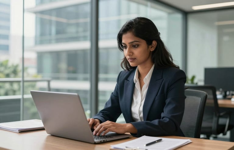 A professional South Asian female consultant in business attire, working on a laptop in a bright, modern glass-walled office in Bangalore. Natural daylight fills the scene, highlighting a clean and efficient workspace.