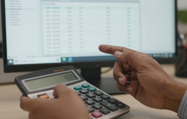 Close-up photography of a professional's hands using a calculator and reviewing financial spreadsheets on a computer screen in an Indian corporate office, focusing on precision and detail.