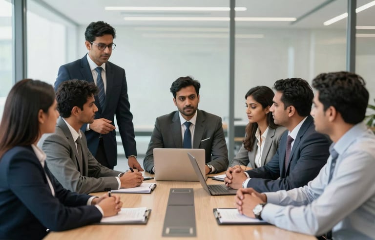 A group of professional South Asian colleagues in business formal attire, a mix of men and women, having a collaborative meeting around a conference table in a modern corporate building in Gurugram.