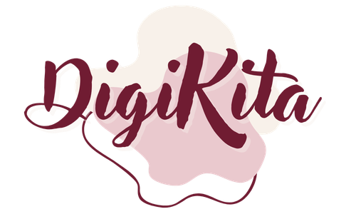 DigiKita brand logo featuring maroon cursive typography over pink and white abstract shapes on a black background.