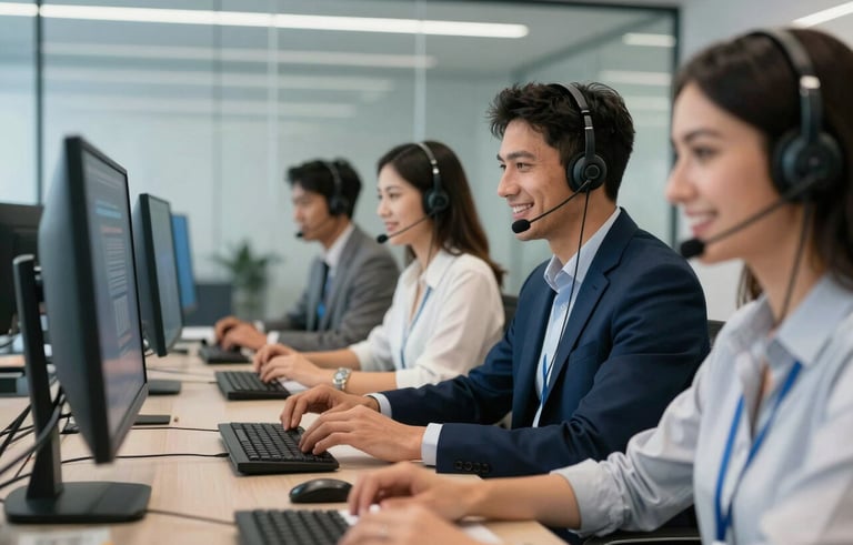A professional South American team in a modern office, wearing headsets and smiling while looking at computer screens. The environment is clean, with glass walls and professional blue decor. The focus is on teamwork and technological excellence.