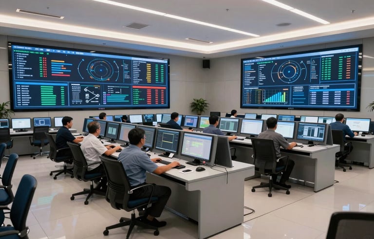 A high-tech control center in a Brazilian corporate building. Large monitors display data analytics and communication flows. The room is designed with professional furniture in blue and white tones. Cinematic lighting creates a sense of cutting-edge efficiency.