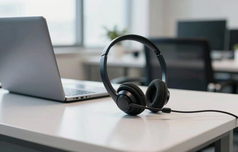 A professional South American office environment with a focus on a modern workstation. A sleek black headset sits next to a laptop on a clean white desk. The lighting is bright and natural, reflecting a clean and modern professional atmosphere. Colors involve accents of blue and white.