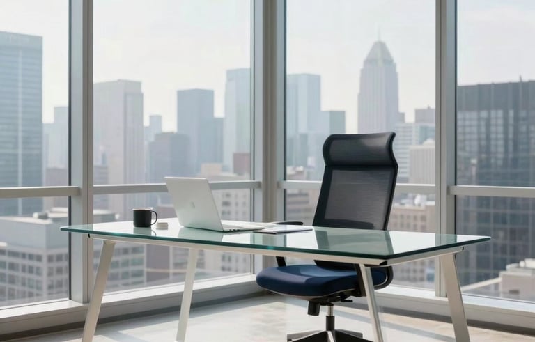 A bright, modern corner office in a North American skyscraper with a minimalist glass desk, high-end ergonomic chair, and floor-to-ceiling windows showing a blurred city skyline. Soft morning sunlight, professional atmosphere, neutral white and navy blue accents.