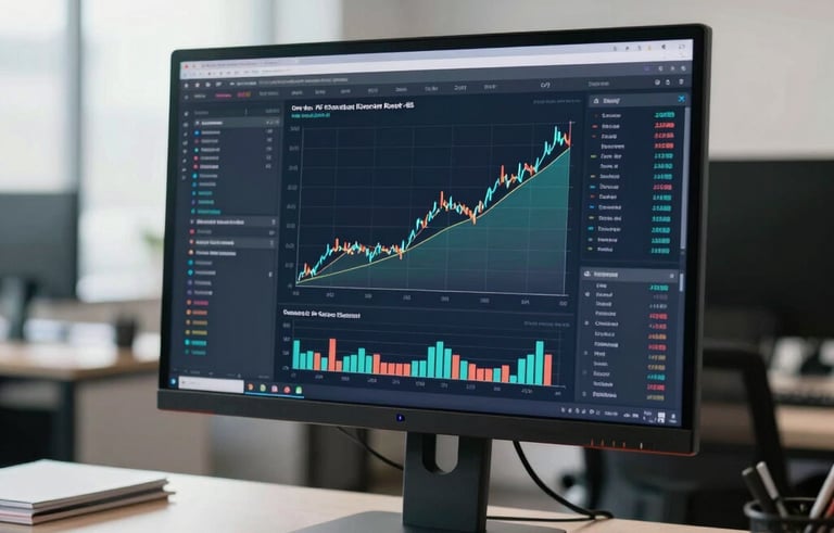 A clean, bright North American corporate workspace featuring a high-resolution display showing upward growth trends and market analysis. Sophisticated composition, soft focus background, emphasizing efficiency and success.