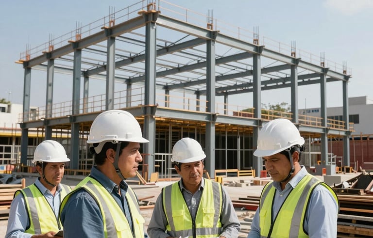 Wide shot of a major construction site in a Latin American / Hispanic city, featuring a steel structural framework, focused Hispanic engineers with white helmets, bright sunlight, and professional modern architectural photography style.