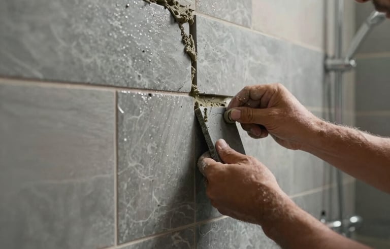 A close-up photography of a craftsman in Los Angeles California installing sleek slate-gray tiles in a modern shower. The composition focuses on the precision of the lines and the high-quality materials. Strong natural light hits the wet mortar and tiles. The style is bold and emphasizes structural expertise.