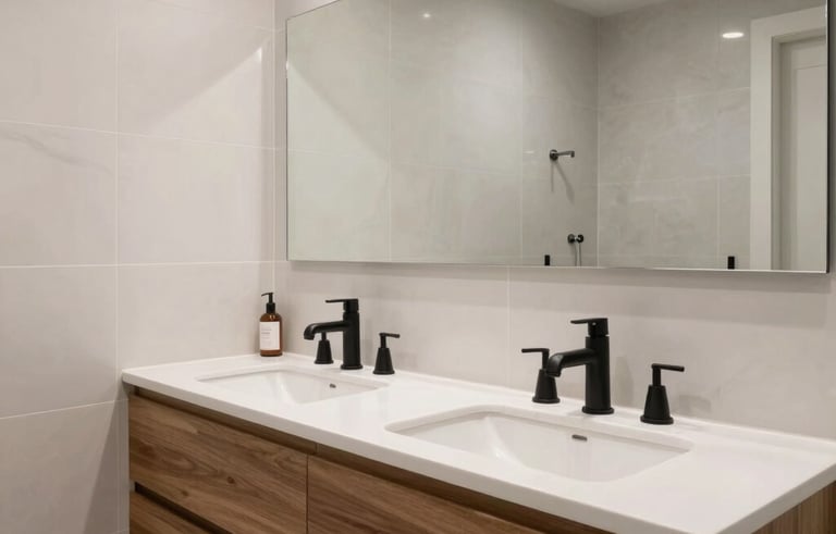 An interior shot of a finished modern luxury bathroom in a North American home. Features include a floating wood vanity, black faucets, and large-format porcelain wall tiles. The style is functional and crisp, showcasing a successful transformation from an old space to a powerful new upgrade.