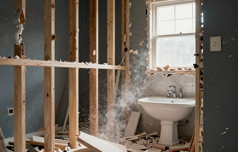 A focused action shot of a professional bathroom demolition in a Los Angeles California home. Debris is being cleared from a stripped-down room showing exposed wall studs and old plumbing. The lighting is bright and industrial, emphasizing a powerful renovation beginning. Construction blue and dark gray tones are visible in the background.