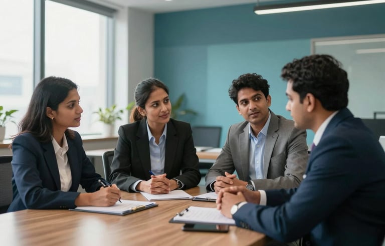 A professional business meeting in a modern Raipur office, featuring South Asian professionals in formal attire discussing recruitment strategies, soft morning light, dark teal and light blue accents in the decor.