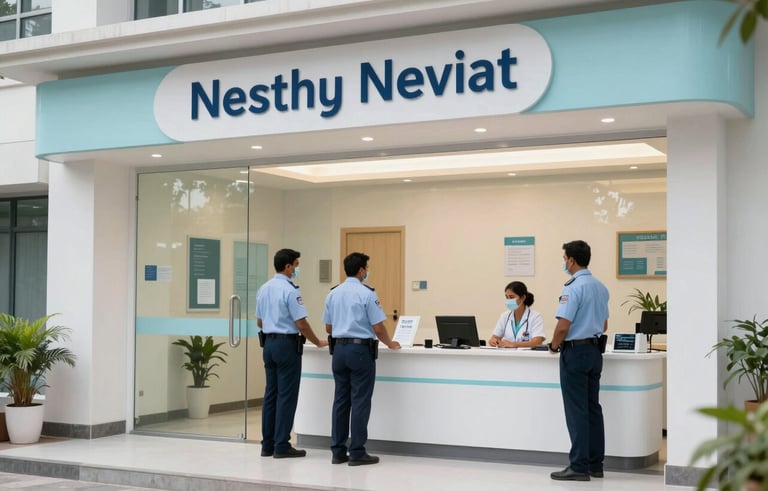 The clean, modern entrance of a South Asian healthcare facility with security personnel at the desk, reflecting a supportive and safe environment, soft white and light blue lighting.