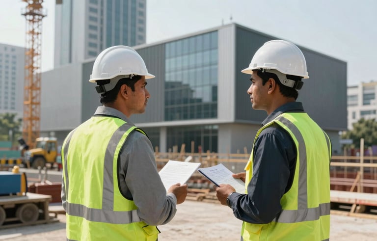A construction site in a South Asian urban environment with engineers in safety vests inspecting a modern commercial structure, bright daylight, professional architectural photography style.