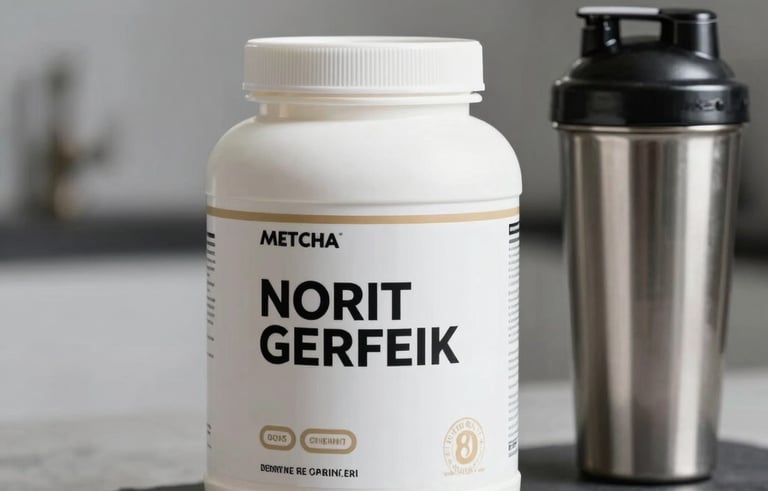 A professional studio shot of a clean white protein powder tub and a stainless steel shaker bottle on a slate gray surface. Bright, clinical lighting emphasizing a professional health supplement brand in a modern North American setting.