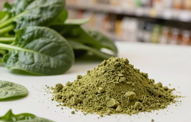 Vibrant and sharp photography of organic green superfood powder and fresh spinach leaves. The composition is clean and modern, highlighting raw natural ingredients in a high-end North American health store style.