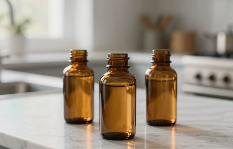 Minimalist photography of amber glass supplement bottles on a clean marble countertop in a bright North American kitchen. Soft natural lighting creates an atmosphere of trustworthy scientific wellness.