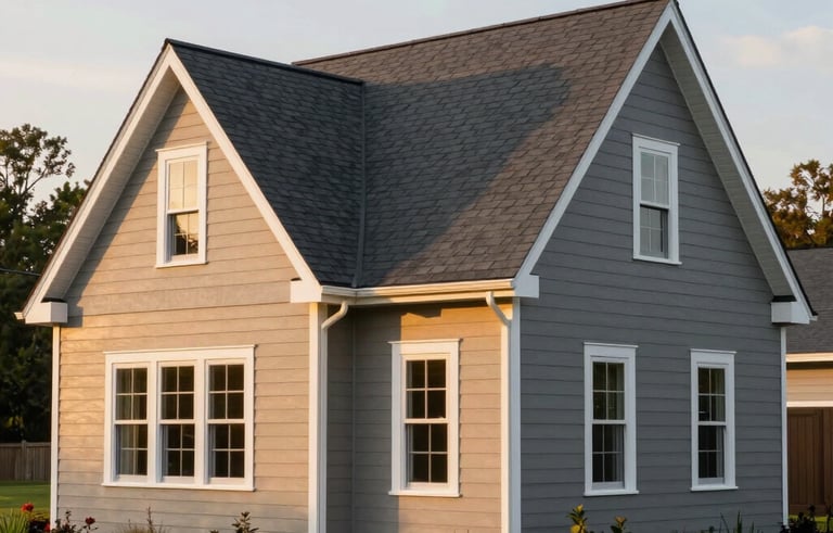 A North American craftsman style home with a newly installed dark slate grey shingle roof and clean white window frames. The property features a well-maintained garden and warm grey-beige siding, shot during a golden hour sunset.
