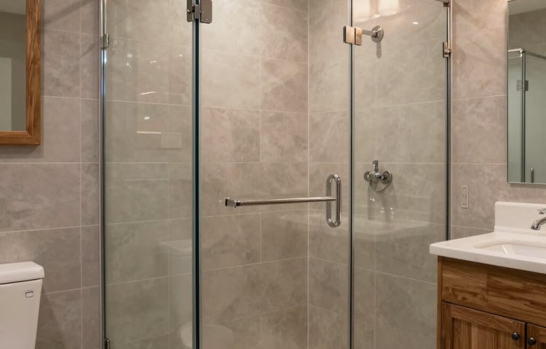 A modern, warm North American bathroom remodel with a glass-enclosed walk-in shower, elegant grey-beige tiling, and natural wood accents. Soft, warm lighting creates an inviting atmosphere of high-quality craftsmanship.