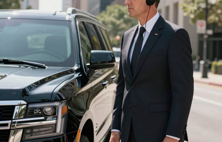 An executive protection specialist in a formal dark suit and earpiece, standing alert near a black luxury SUV in a North American US corporate district. The scene is modern and professional with high-contrast, sharp lighting.