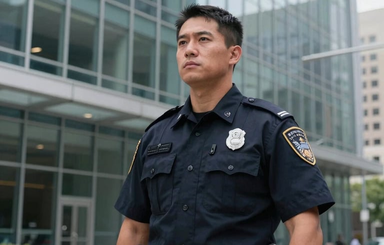 A professional security guard standing alert in front of a modern glass office building in a North American US city. The guard wears a crisp, dark navy uniform with a visible identification badge. The lighting is soft and natural, conveying a clean and reliable atmosphere.