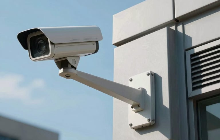 A high-tech security surveillance camera mounted on the corner of a contemporary architectural structure in a North American US urban environment. The background shows a clear blue sky, emphasizing technology and vigilance.