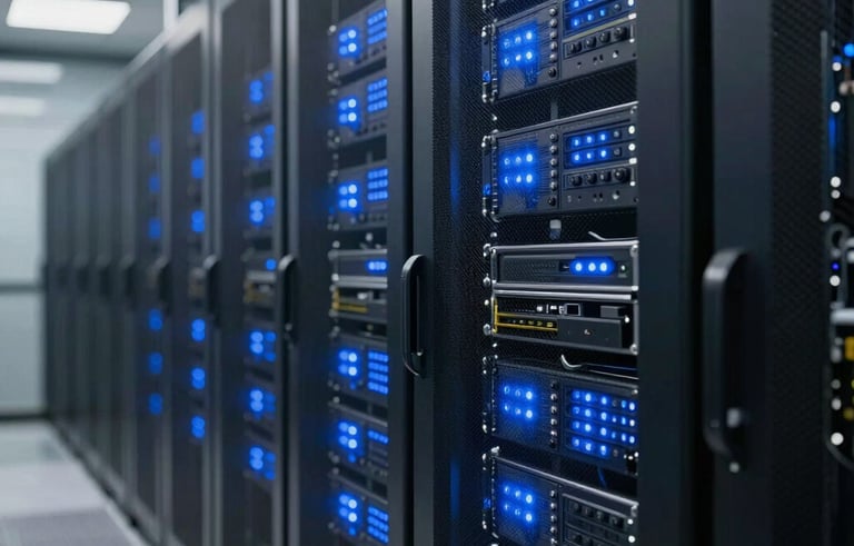 A photograph of a high-tech data center with clean lines and glowing deep blue indicators reflecting off polished surfaces in a secure North American corporate facility.