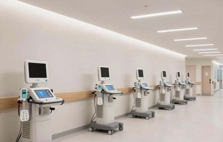 A wide-angle interior shot of a clean, modern North American hospital corridor featuring sleek digital health monitoring stations and recessed white lighting, conveying precision.