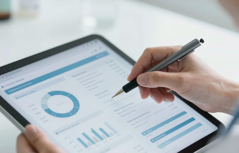 A close-up photograph of a healthcare professional's hand using a high-resolution tablet to view clinical analytics in a bright North American clinical setting with soft natural light.