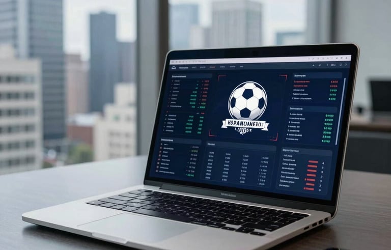 A professional desk setup in a modern high-rise office with a view of a city skyline. A laptop displays a sophisticated financial dashboard with football branding. Colors include deep navy and muted blues. Hispanoamericano / Global vibe, sharp focus, efficient and trustworthy style.