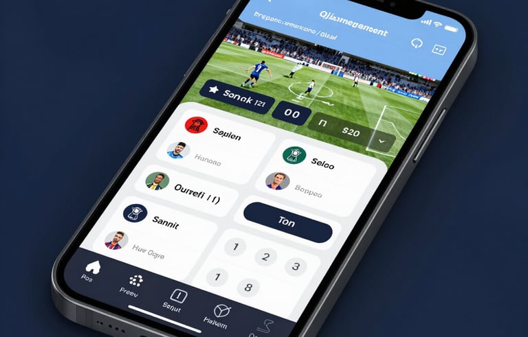 A close-up of a high-end smartphone displaying a clean and modern football match management interface. The screen shows detailed player stats and timing controls. Professional studio lighting with soft navy and light blue highlights, Hispanoamericano / Global setting, very organized and technological aesthetic.