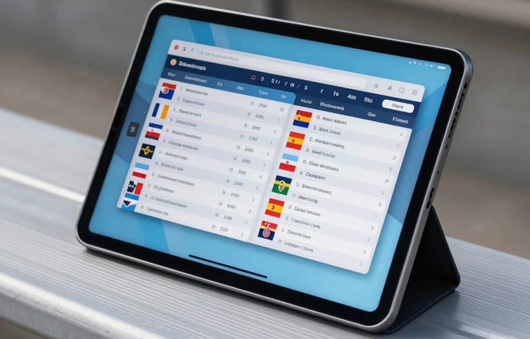 A high-speed photography shot of a sleek tablet resting on a stadium bench. The screen shows a vibrant, auto-updating tournament table with flags and team colors. Natural daylight, vibrant greyish white and light blue palette. Hispanoamericano / Global context, professional sports atmosphere.