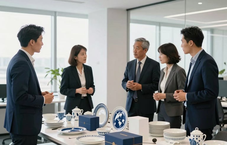 A wide shot of a bright, modern corporate office where business professionals are discussing product samples like fine crockery and gift items. Soft natural light, navy blue and white aesthetic, International / Global Business setting.