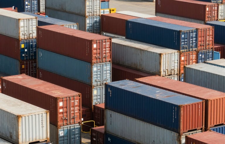 A professional photograph of a busy cargo port at daytime. Large shipping containers are stacked neatly, symbolizing global trade. International / Global Business logistics scene.