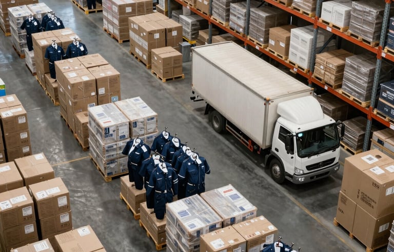 A high-angle shot of a vast, organized warehouse with rows of inventory boxes and uniforms. A delivery truck is visible. Professional logistics atmosphere, International / Global Business.