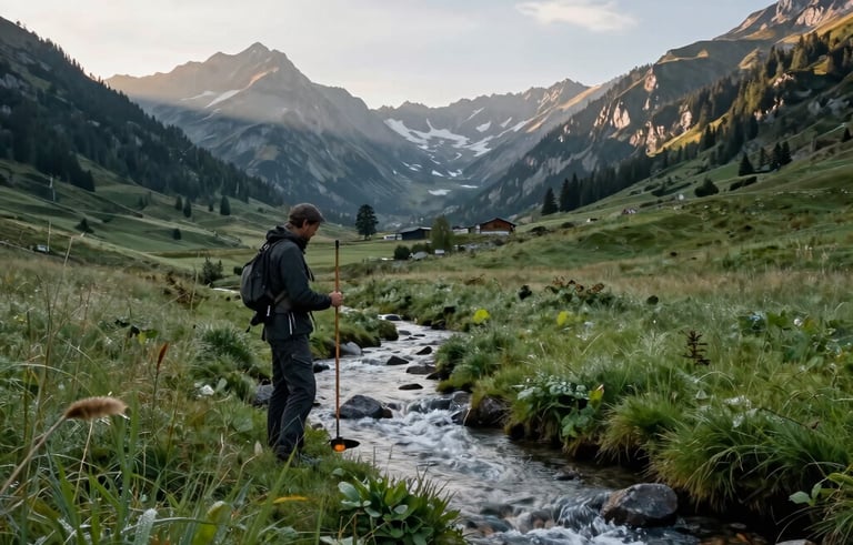 A wide-angle landscape shot of the French Alps at dawn. A professional technician is standing in a lush green meadow near a clear mountain stream, holding dowsing rods. The lighting is natural and soft, highlighting the morning dew. Professional photography style in a European setting.