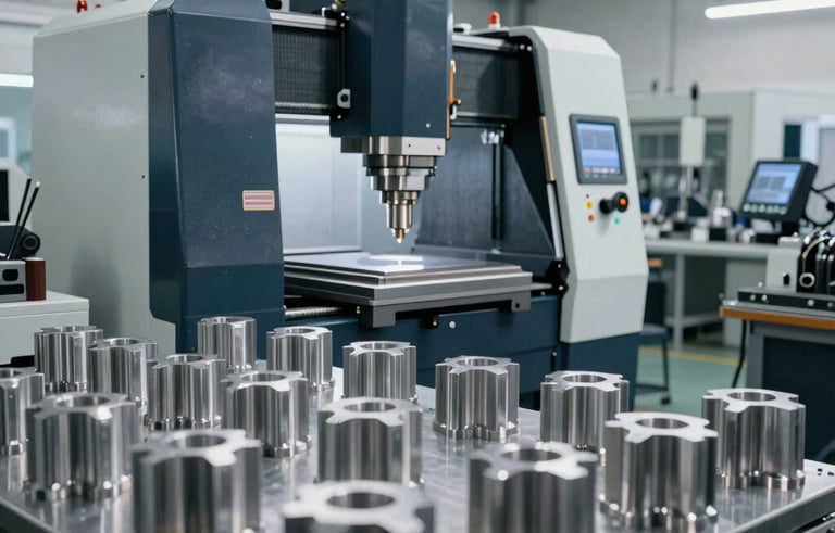 A wide shot of a modern, clean Brazilian industrial machining workshop. High-tech CNC milling machines are visible in the background, while precisely finished metal components are neatly organized in the foreground. The lighting is professional and crisp, highlighting textures of steel grey and dark blue. The environment is organized and reflects advanced technology.