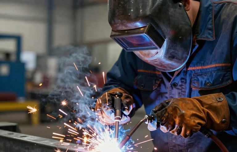 A close-up shot of a professional welder in a South American industrial plant. Bright sparks from a TIG torch illuminate the scene as the welder works on a stainless steel structure. The mood is precise and technical, featuring blue grey and steel grey tones with warm gold light from the welding arc.