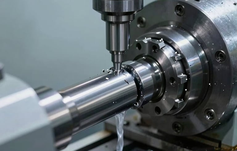 Close-up action photography of an industrial CNC lathe in a Brazilian factory. Sharp metal tools are shaping a cylindrical steel axle, with cooling fluid and metal shavings visible. The composition is focused on the point of contact, conveying high precision. Steel grey and light blue grey color palette.