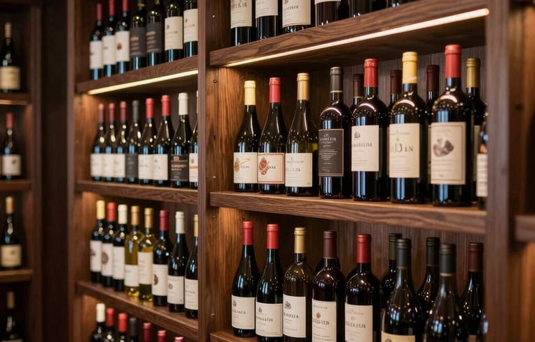 A premium wine cellar display with curated bottles of red wine on wooden racks, soft golden spotlighting, Brazilian high-end retail environment, elegant and traditional style, featuring dark red and bronze color palette.