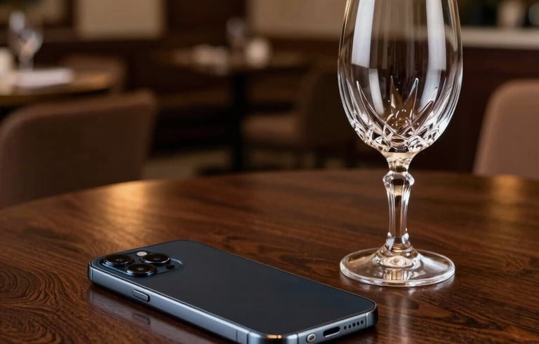 A sophisticated close-up of a modern smartphone and a crystal wine glass on a dark mahogany table, warm ambient lighting, South American Brazilian luxury interior, professional and welcoming atmosphere, using dark brown and tan tones.